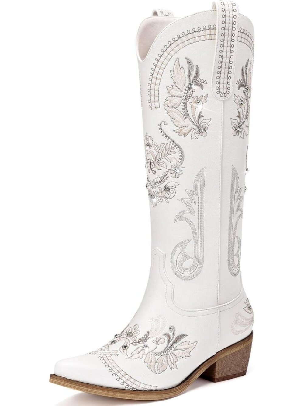 Women's White Rhinestone Embroidered Cowgirl Pointed Toe Knee High Zipper Boots